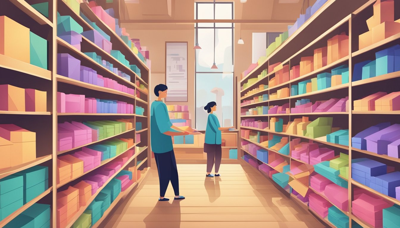 A small shop displays colorful origami paper in neat stacks, with various patterns and sizes. Shelves are lined with different types of paper, while a friendly shopkeeper assists a customer in the background