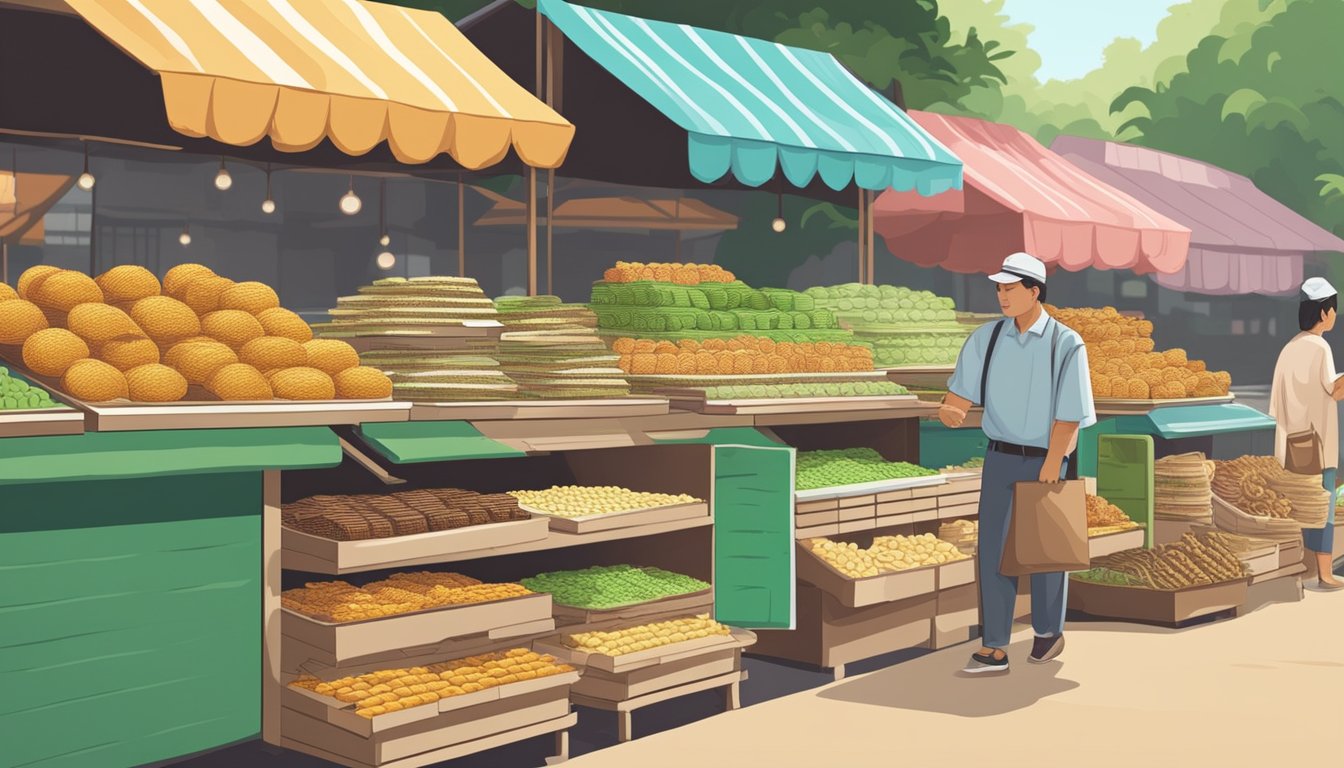 A bustling Singapore market stall displays rows of kuih bahulu, with a sign reading "Frequently Asked Questions: where to buy kuih bahulu in Singapore."