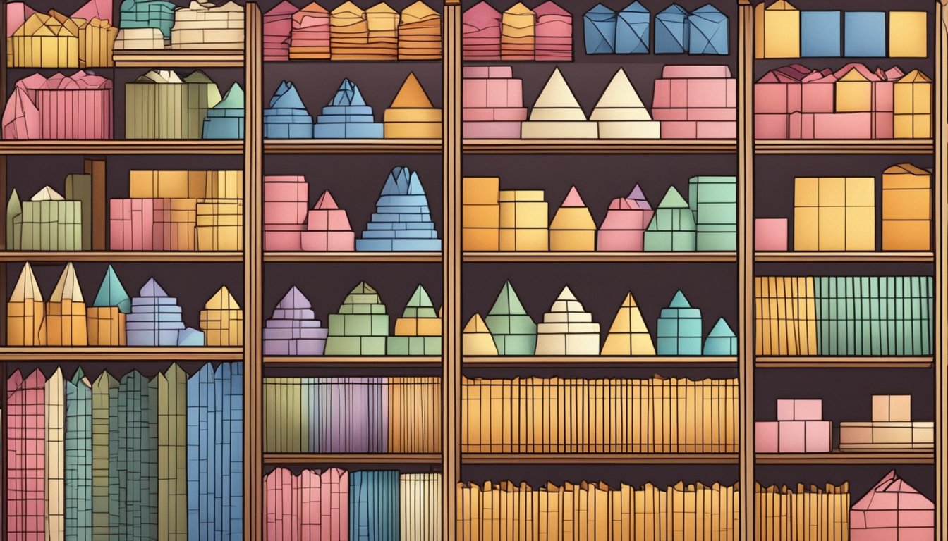 A colorful array of origami paper lines the shelves of a cozy shop in Singapore, with various patterns and sizes to choose from. The warm lighting highlights the vibrant hues, inviting customers to explore the art of paper folding