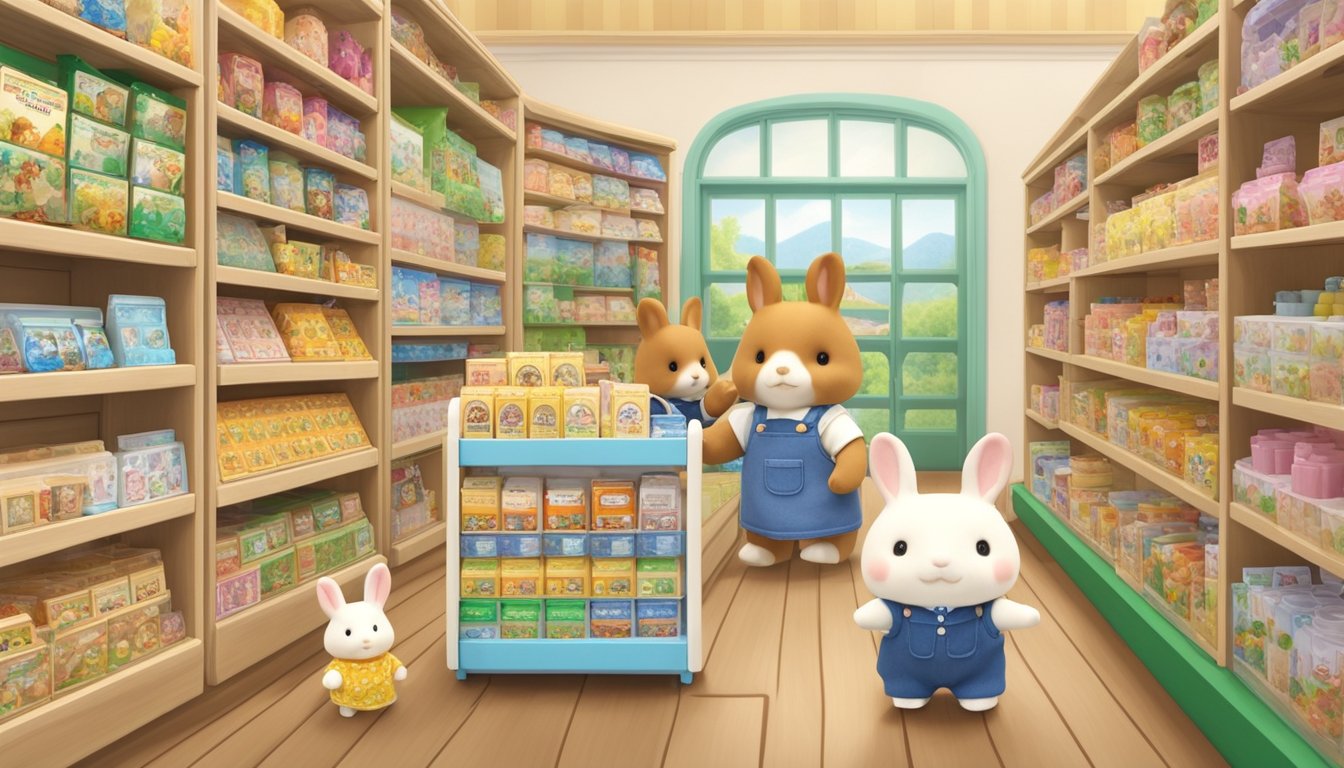 Sylvanian Families sold in a colorful toy store in Singapore, with shelves neatly arranged and a friendly salesperson assisting customers