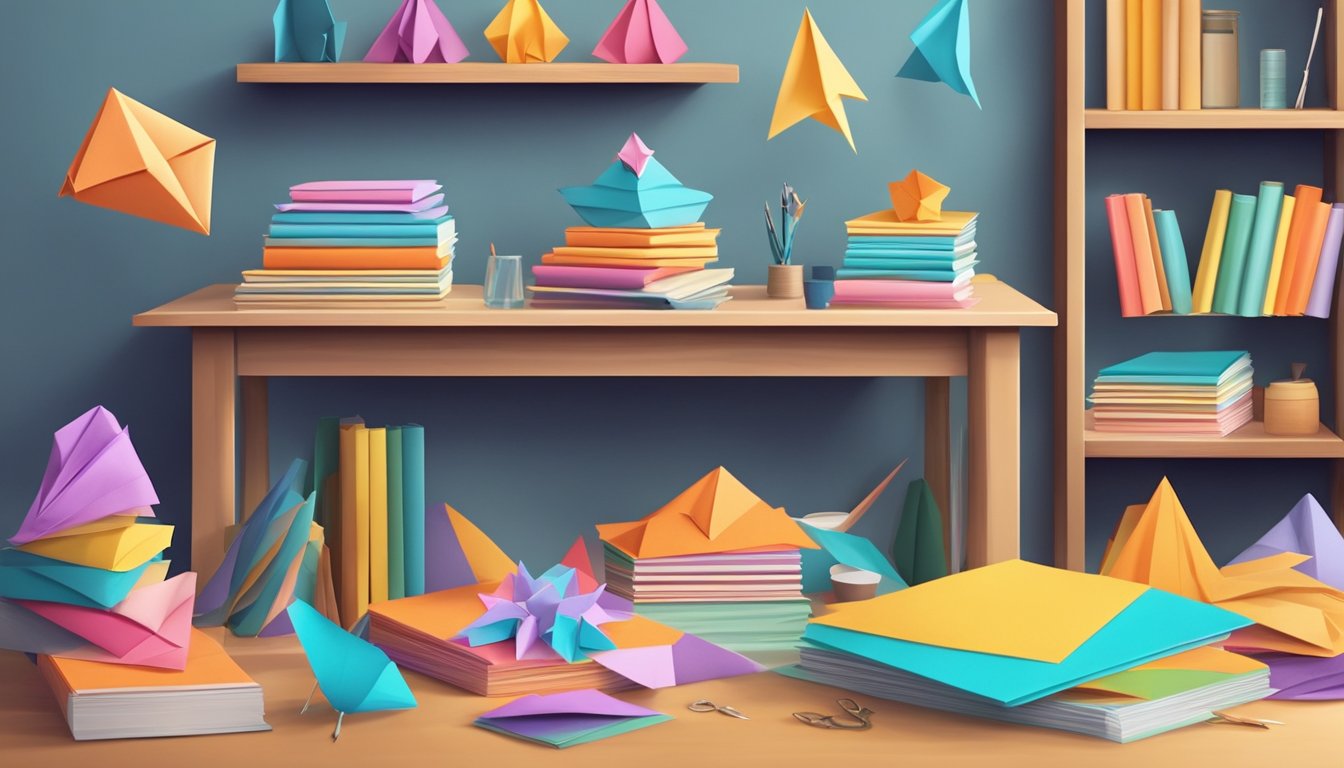 A table is covered with colorful origami paper, surrounded by scissors and glue. A bookshelf in the background holds various origami instruction books