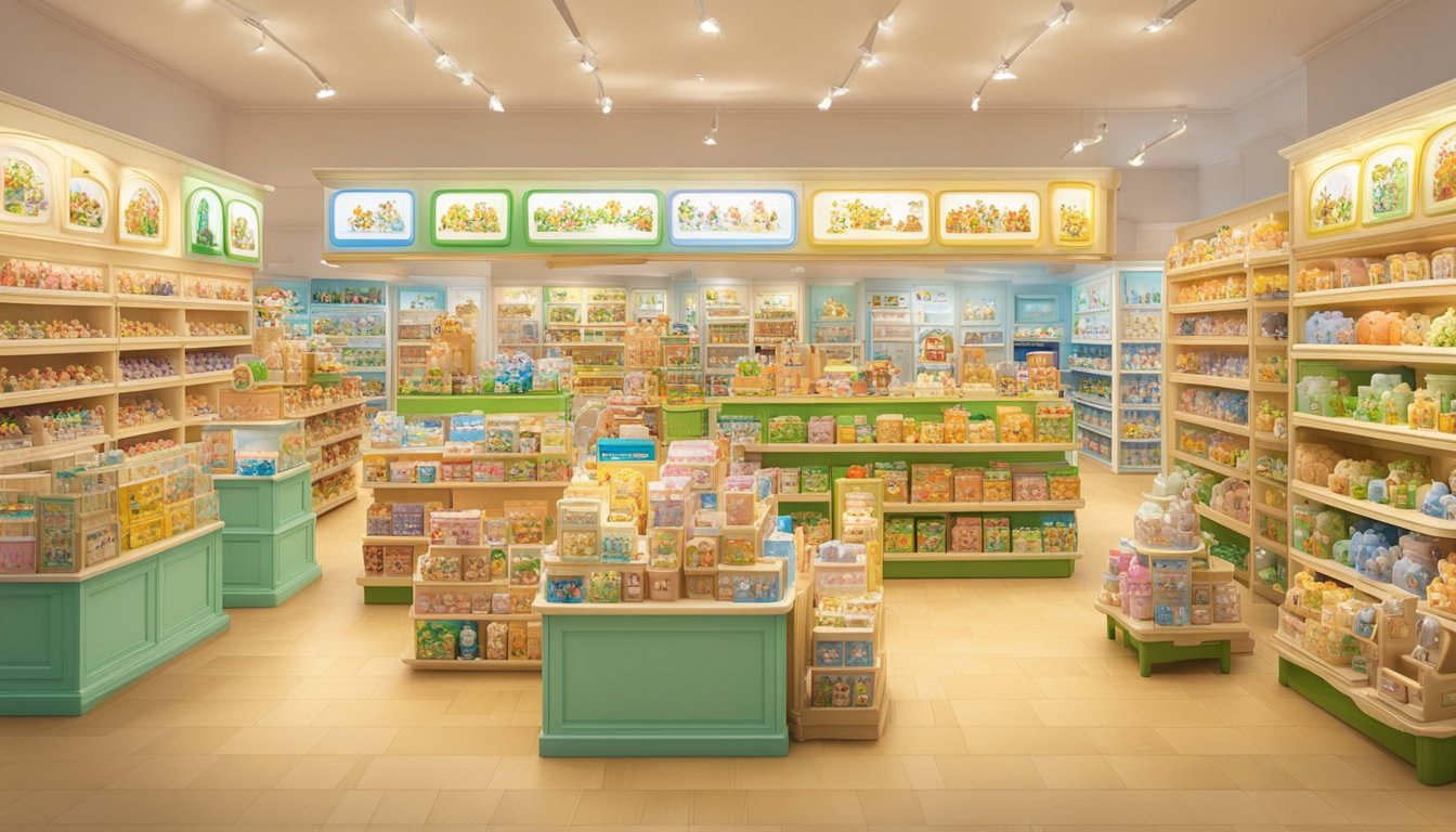A colorful display of Sylvanian Families toys in a well-lit retail outlet in Singapore, with shelves filled with various miniature animal figurines and playsets