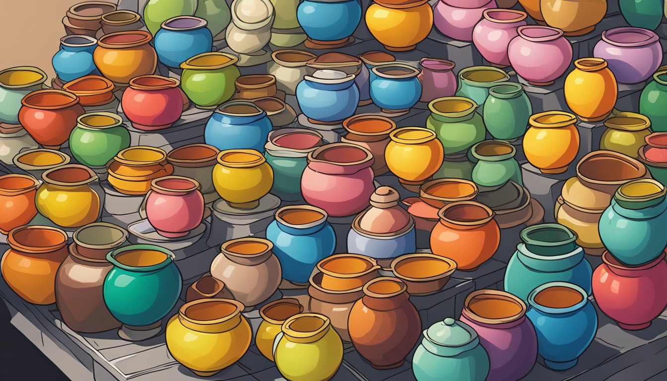 A bustling Singapore market stall displays colorful Yuan Yang pots for sale