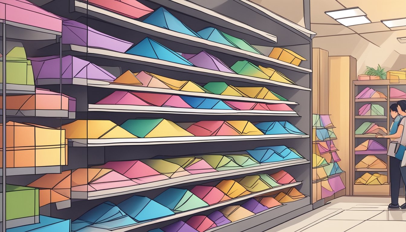 A stack of colorful origami paper displayed on a shelf in a Singaporean store. Customers browsing nearby