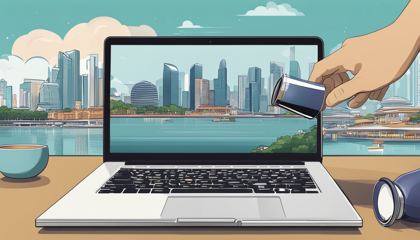 A hand reaches for a sleek Nespresso capsule box on a laptop screen, with the Singapore skyline in the background