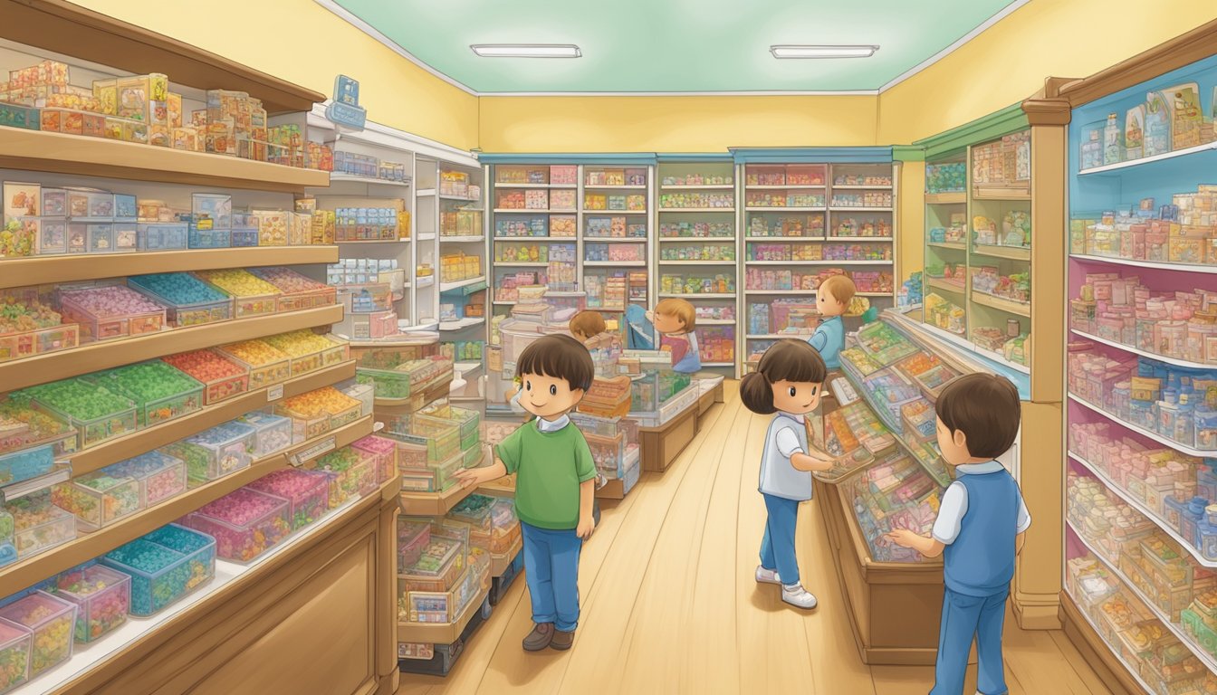 A bustling toy store with shelves stocked full of Sylvanian Families sets, colorful displays, and a friendly salesperson assisting customers