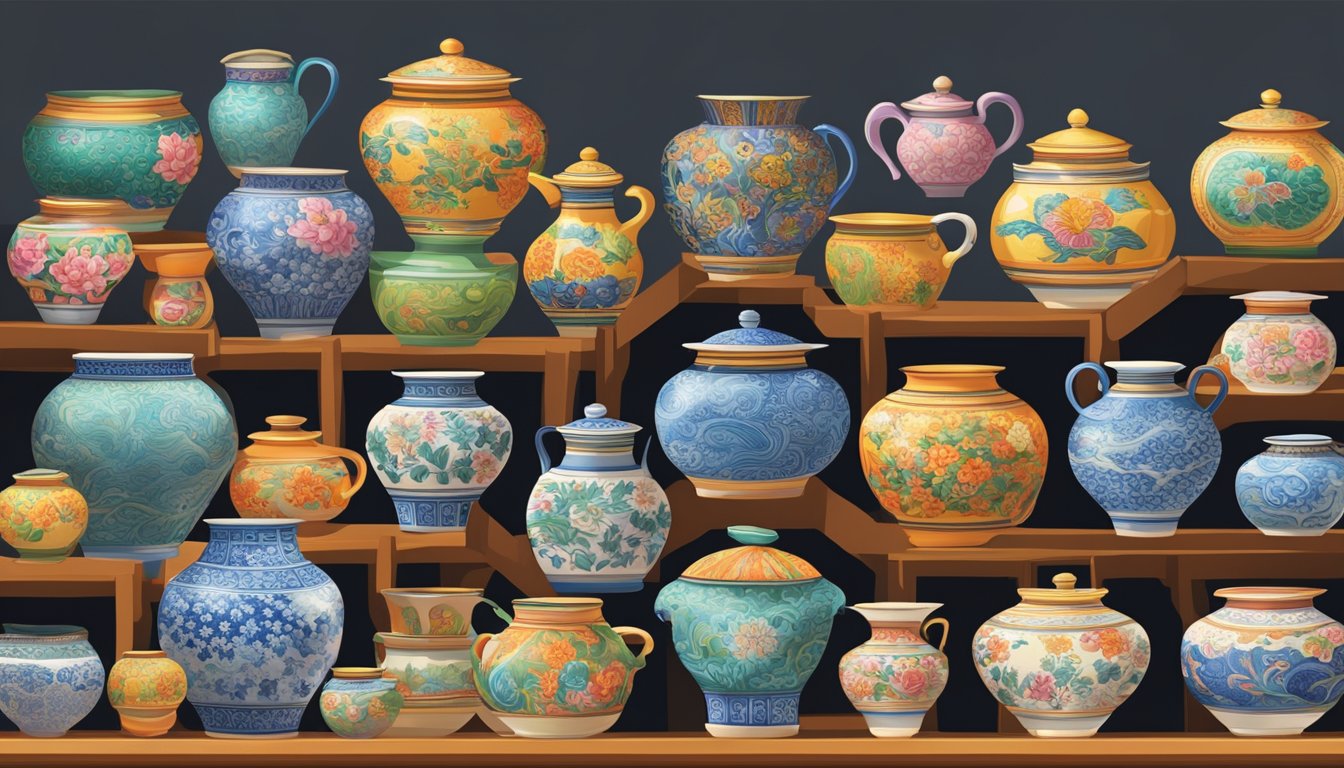 A bright and bustling market stall displays an array of traditional Chinese yuan yang pots, with intricate designs and vibrant colors