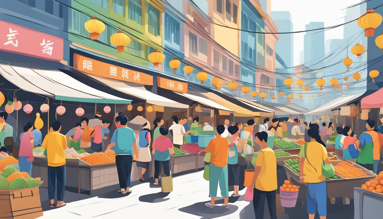 A bustling street market in Singapore, with vendors selling yuan yang pots. Colorful signage and crowds of people create a lively atmosphere