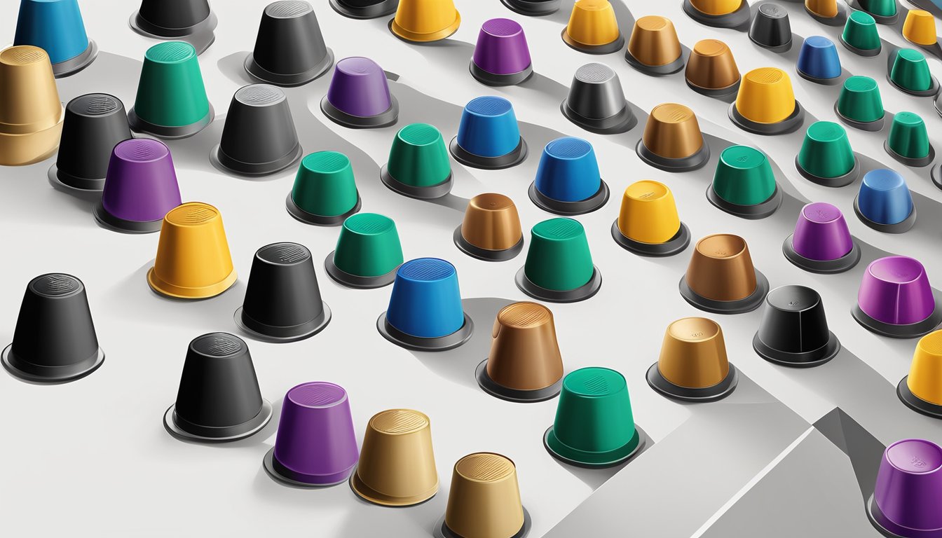 A colorful display of Nespresso capsules arranged in neat rows, with sleek packaging and vibrant colors, available for purchase online