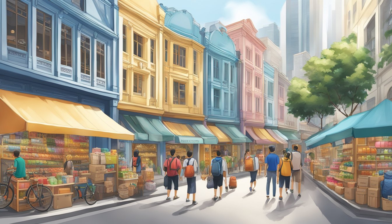 A bustling street in Singapore, with colorful storefronts and a prominent outdoor display of Kanken backpacks at a specialty outdoor gear store