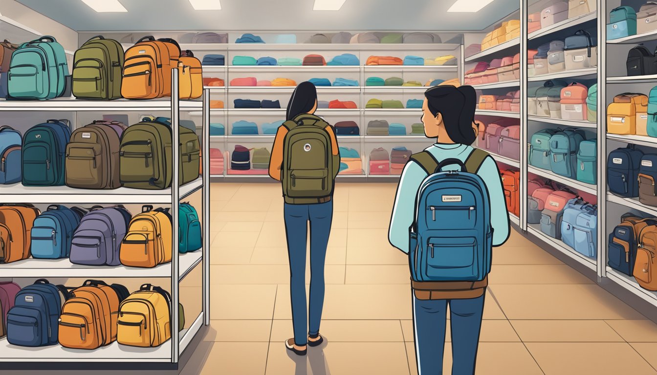 A display of various Kånken backpacks in a well-lit store, with shelves neatly organized and labeled. A customer service representative assists a customer in choosing the right backpack for their needs