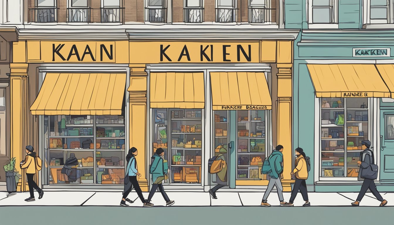 A bustling city street with a prominent storefront displaying "Kanken Backpacks" in bold lettering. Pedestrians walk by, some peering into the window