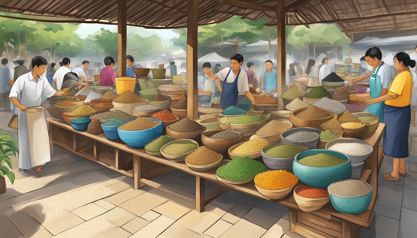 A bustling market stall displays Indonesian mortar and pestle for sale in Singapore. The traditional kitchen tools are beautifully crafted and attract the attention of passersby