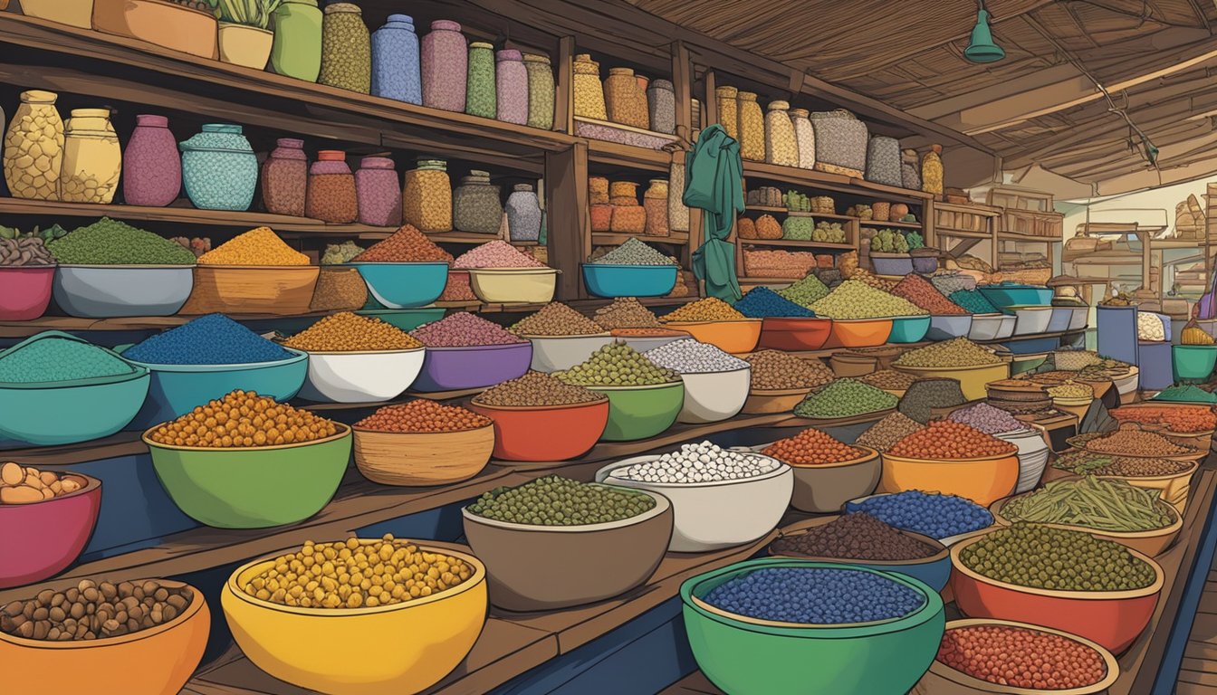 A bustling market stall displays a variety of Indonesian mortar and pestle sets, with vibrant colors and intricate designs, attracting the attention of eager shoppers in Singapore