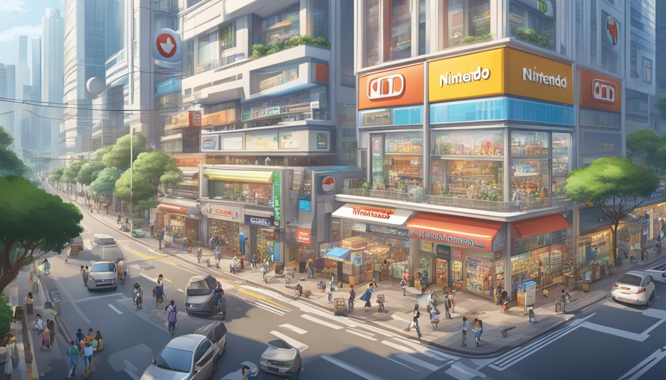 A bustling city street with a prominent storefront displaying the Nintendo logo and products in Singapore