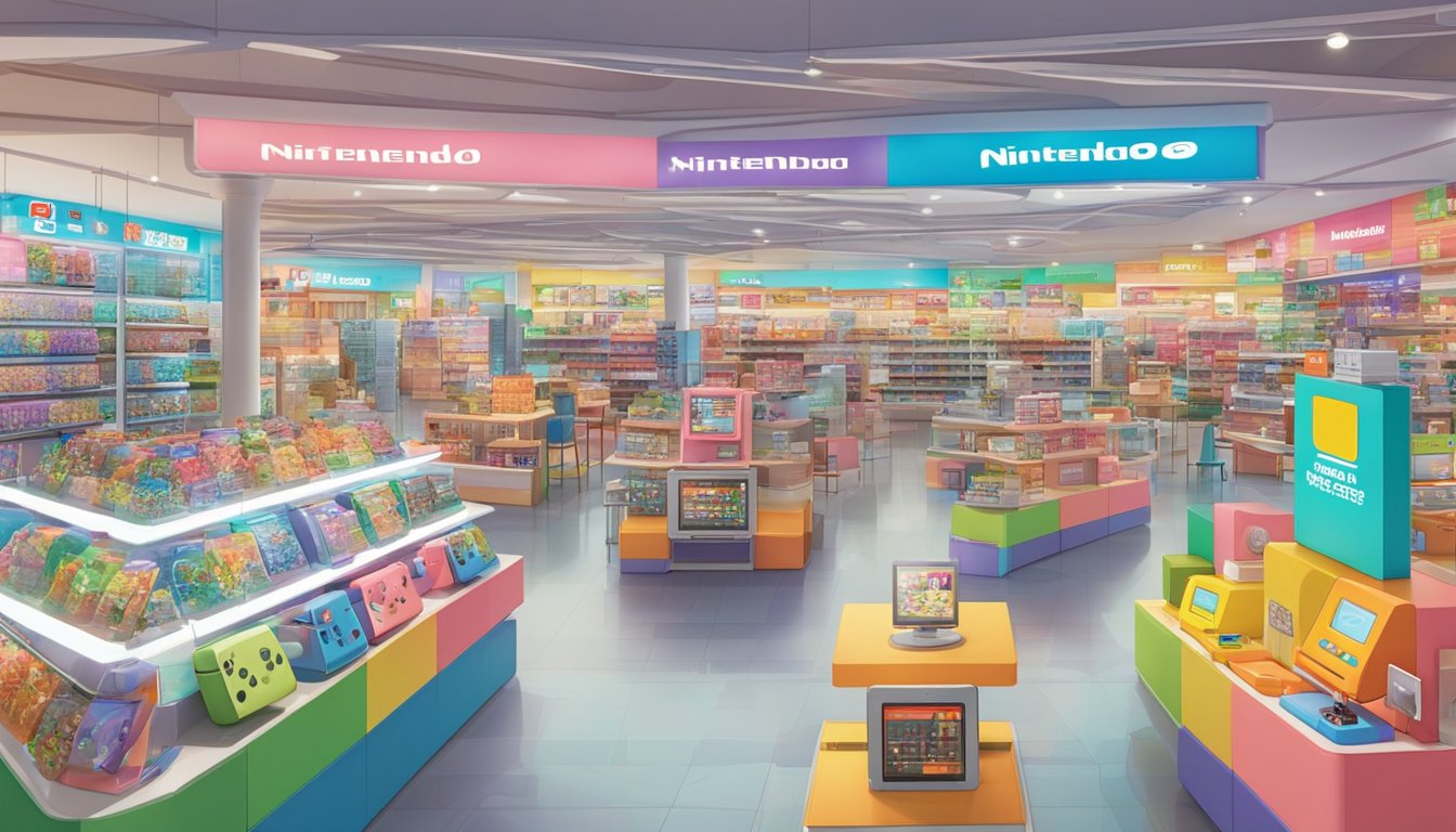 A colorful display of Nintendo products with a "Frequently Asked Questions" sign in a bustling Singapore store