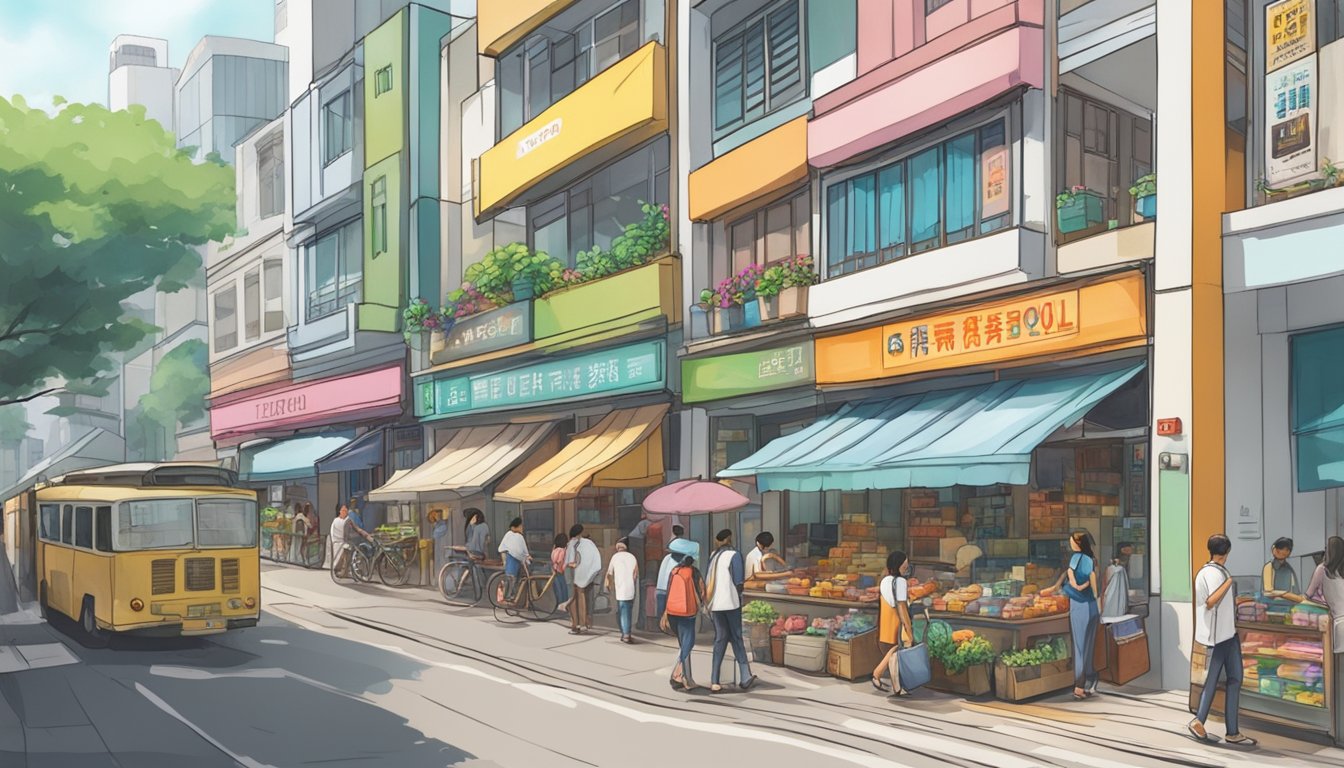 A busy street in Singapore with colorful storefronts, a prominent sign reading "Floetrol for Sale," and people browsing nearby