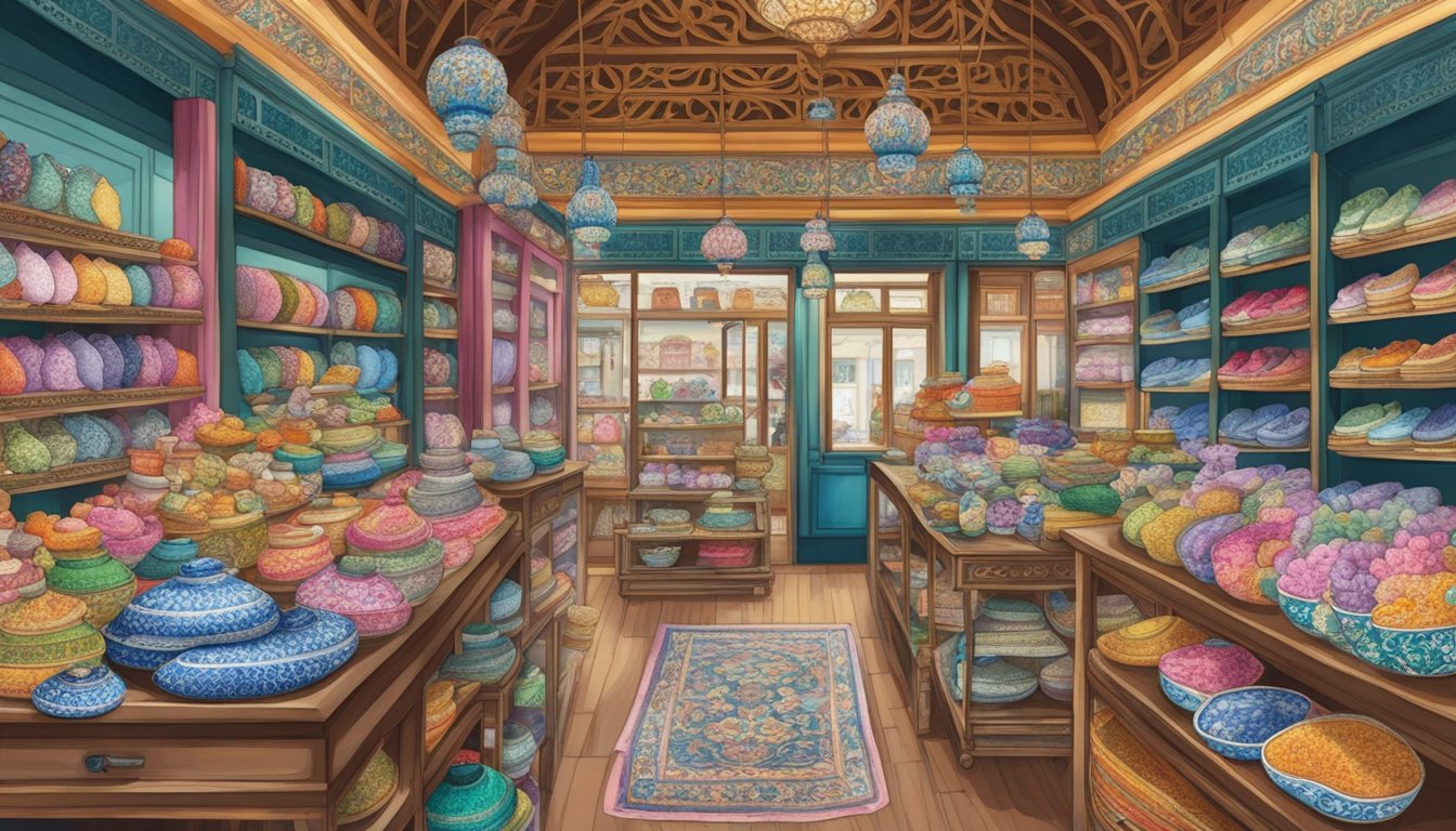 A bustling Peranakan souvenir shop in Singapore, filled with colorful batik fabrics, intricate beaded slippers, and ornate porcelain wares