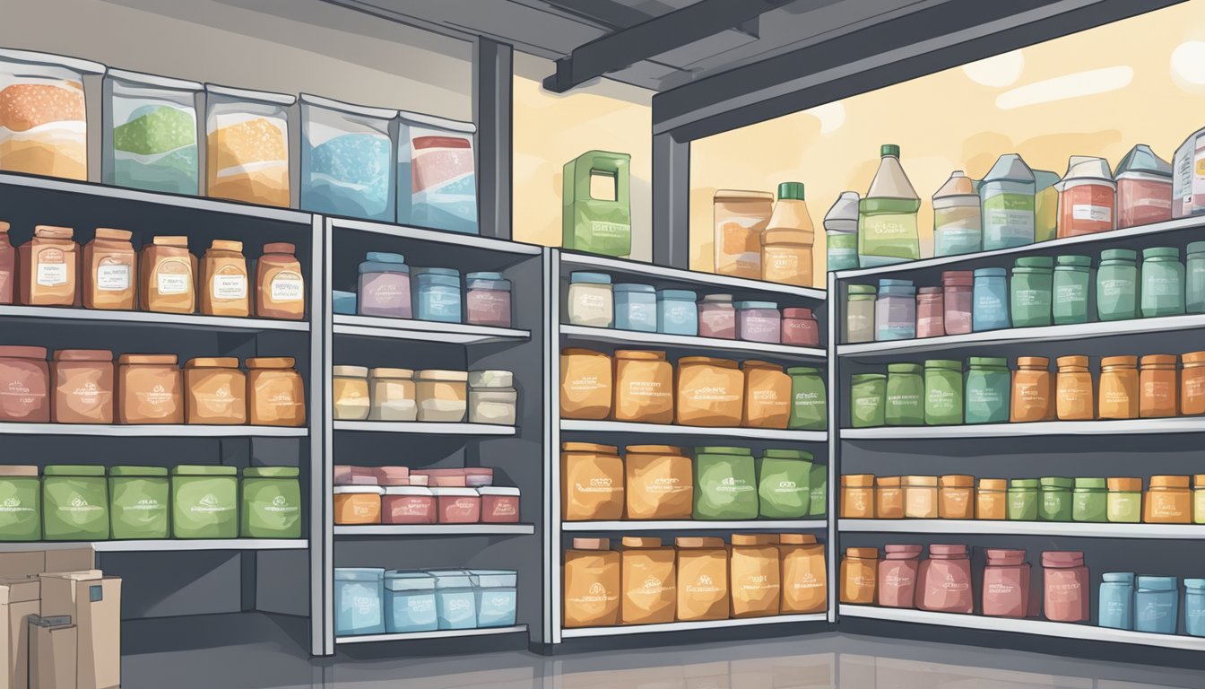 A store shelf with various containers of Floetrol, a sign indicating "Frequently Asked Questions," and a map of Singapore in the background