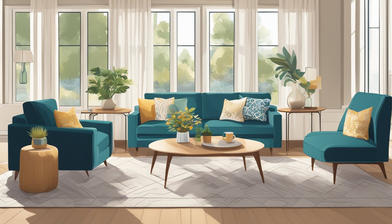 A cozy living room with a plush rug, decorative throw pillows, and elegant vases on a coffee table. Bright natural light streams in through the window, highlighting the stylish accessories
