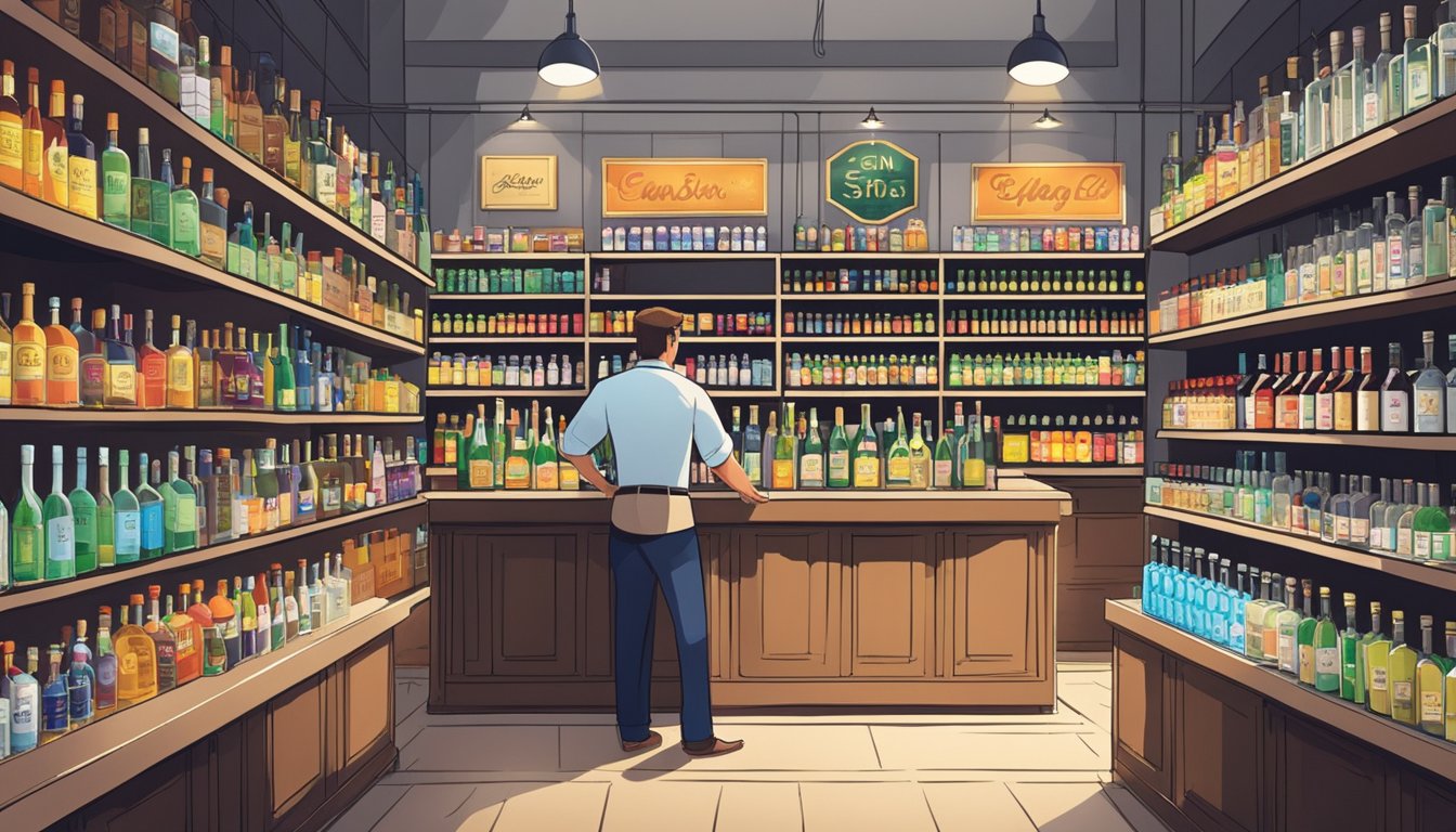 A bustling liquor store in Singapore, shelves lined with various brands of gin, colorful labels catching the light. Customers browsing, pointing, and chatting with the knowledgeable staff