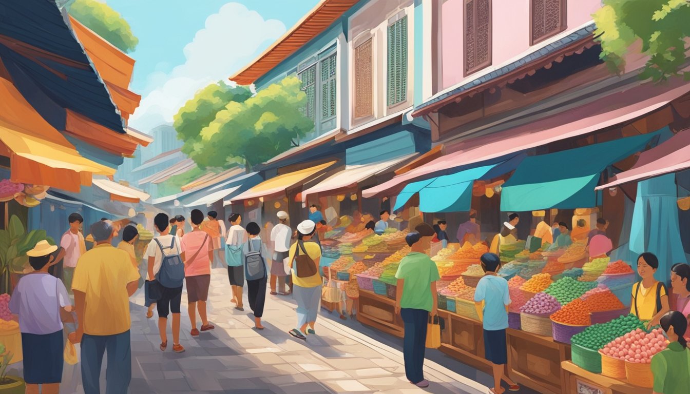 A bustling street market in Singapore showcases colorful Peranakan souvenirs for sale. Tourists browse through the vibrant displays of traditional items, while vendors engage in friendly conversations with potential customers