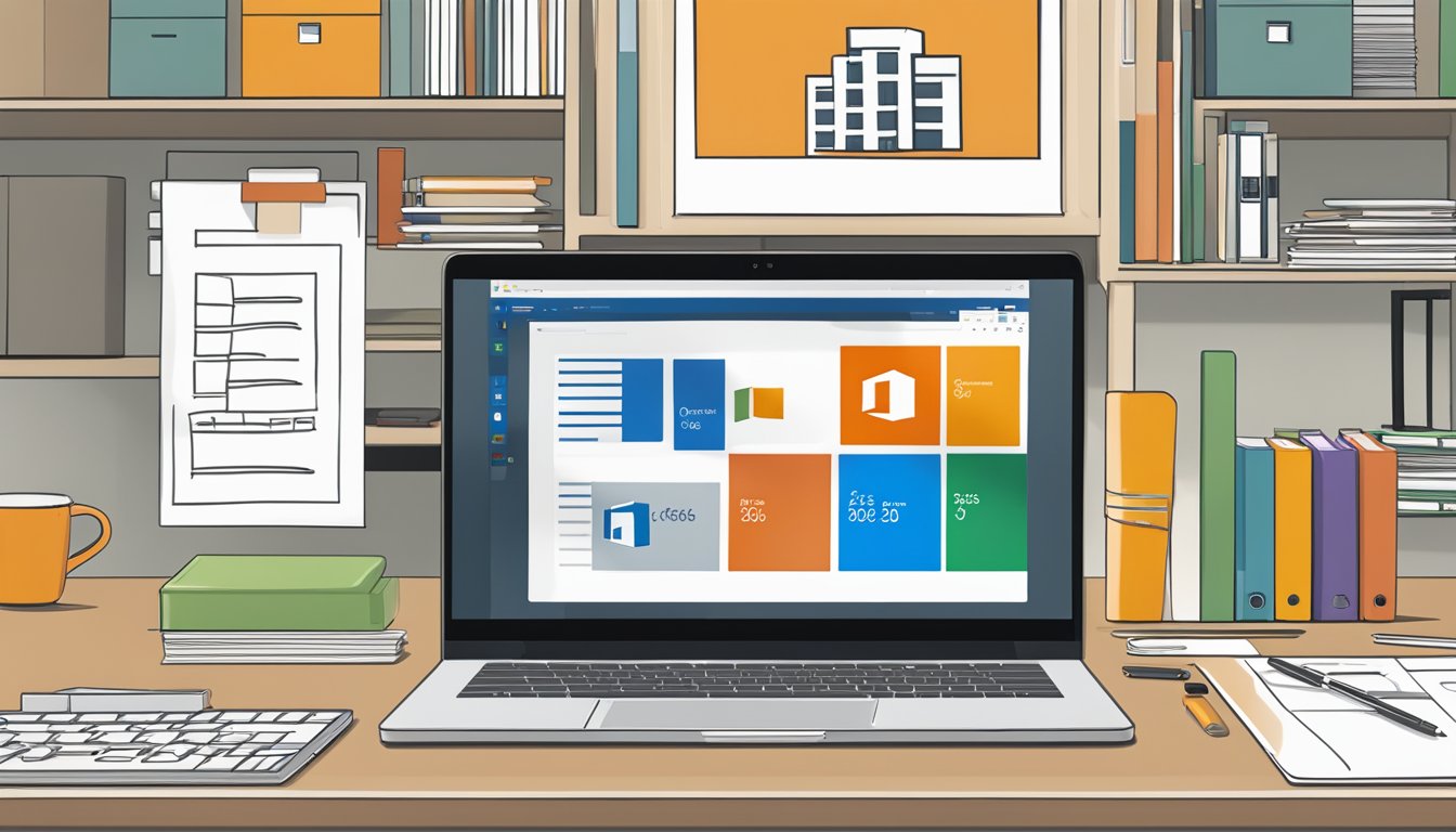 A laptop with the Office 365 logo displayed on the screen, surrounded by a desk, chair, and office supplies