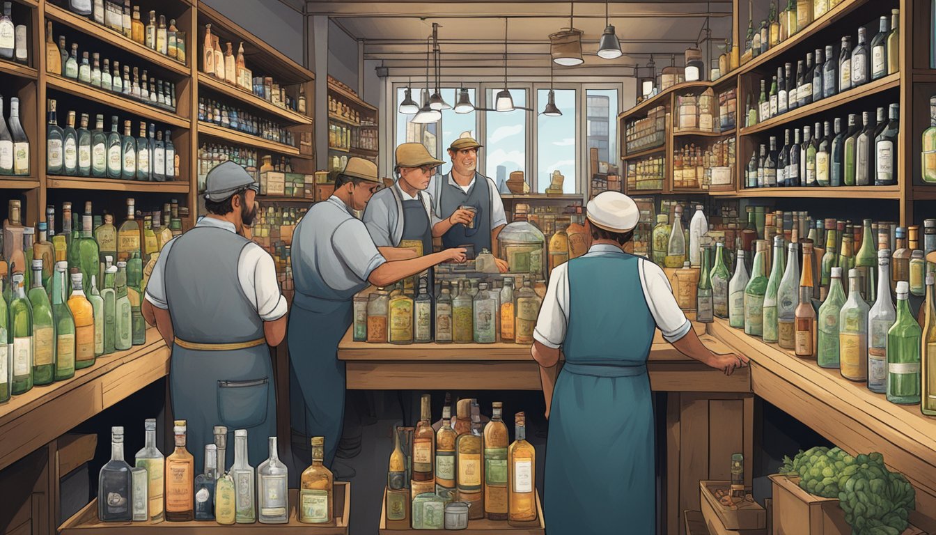 A bustling market with shelves of various gin bottles, a vendor pouring samples, and customers examining labels