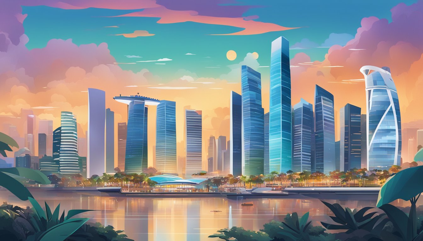 A bustling Singapore cityscape with iconic landmarks, showcasing Microsoft 365 logos on billboards and digital screens. Vibrant colors and modern architecture convey a tech-savvy atmosphere