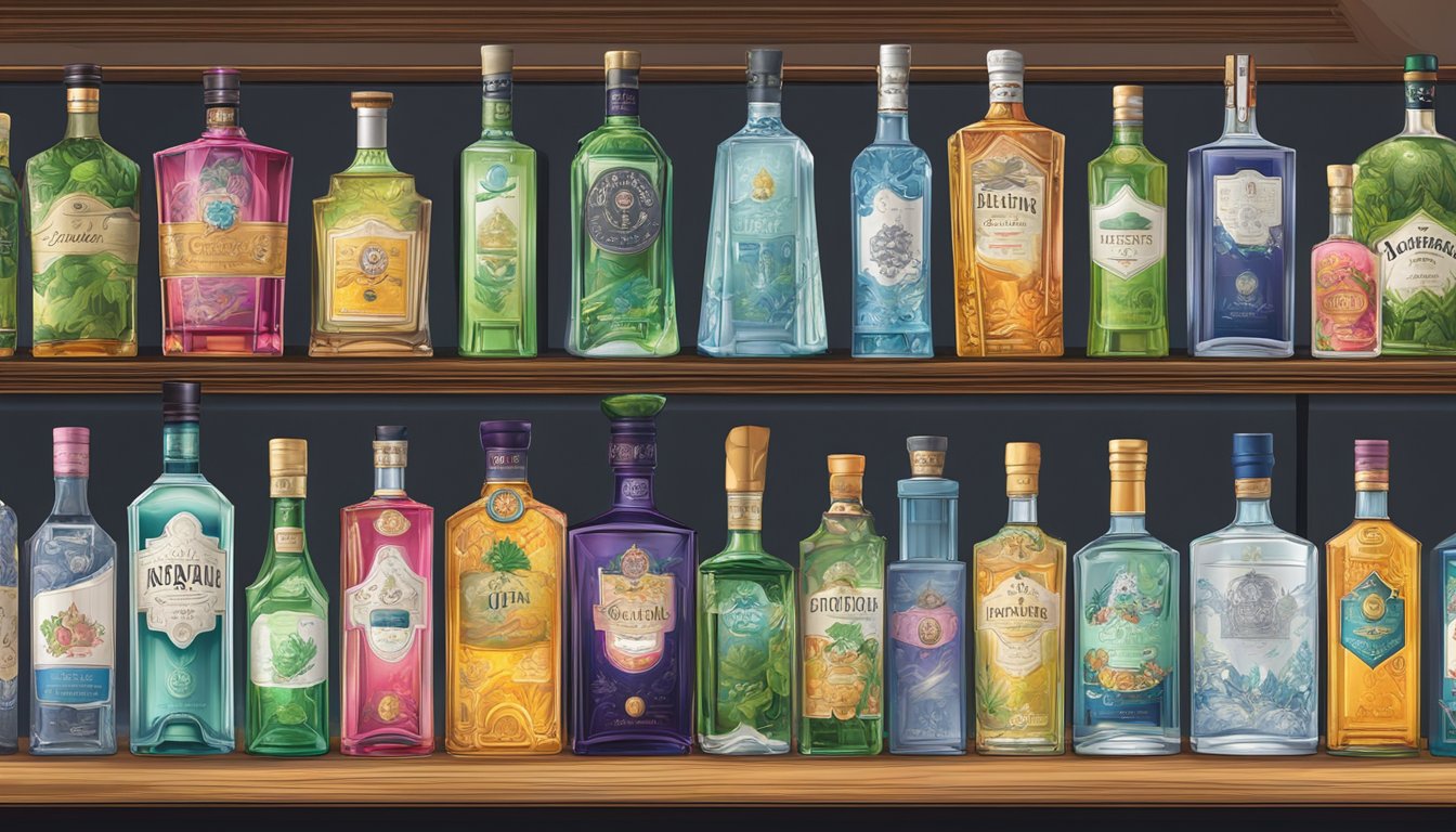 A display of various gin bottles at a specialty liquor store in Singapore, with colorful labels and unique shapes