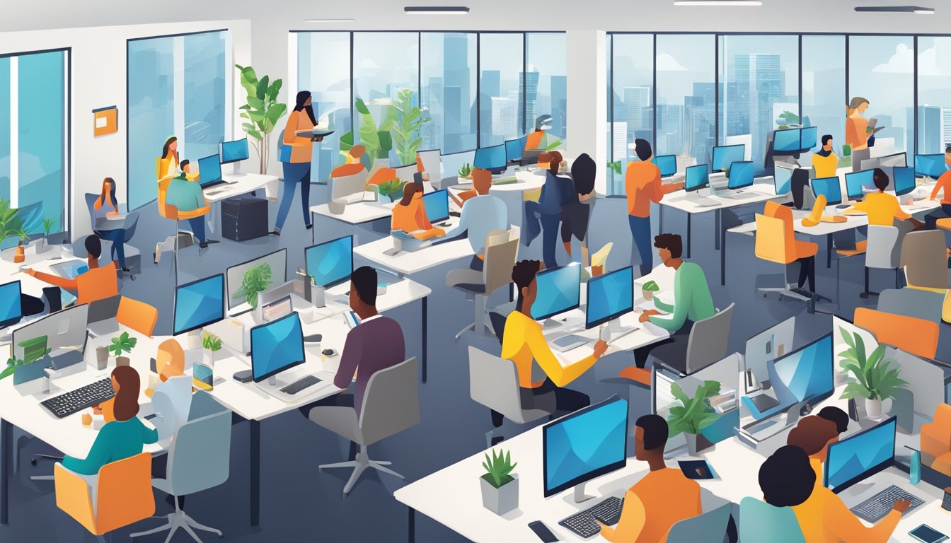 A bustling office with employees using Office 365 tools on their computers, collaborating and maximizing productivity. The atmosphere is energetic and focused