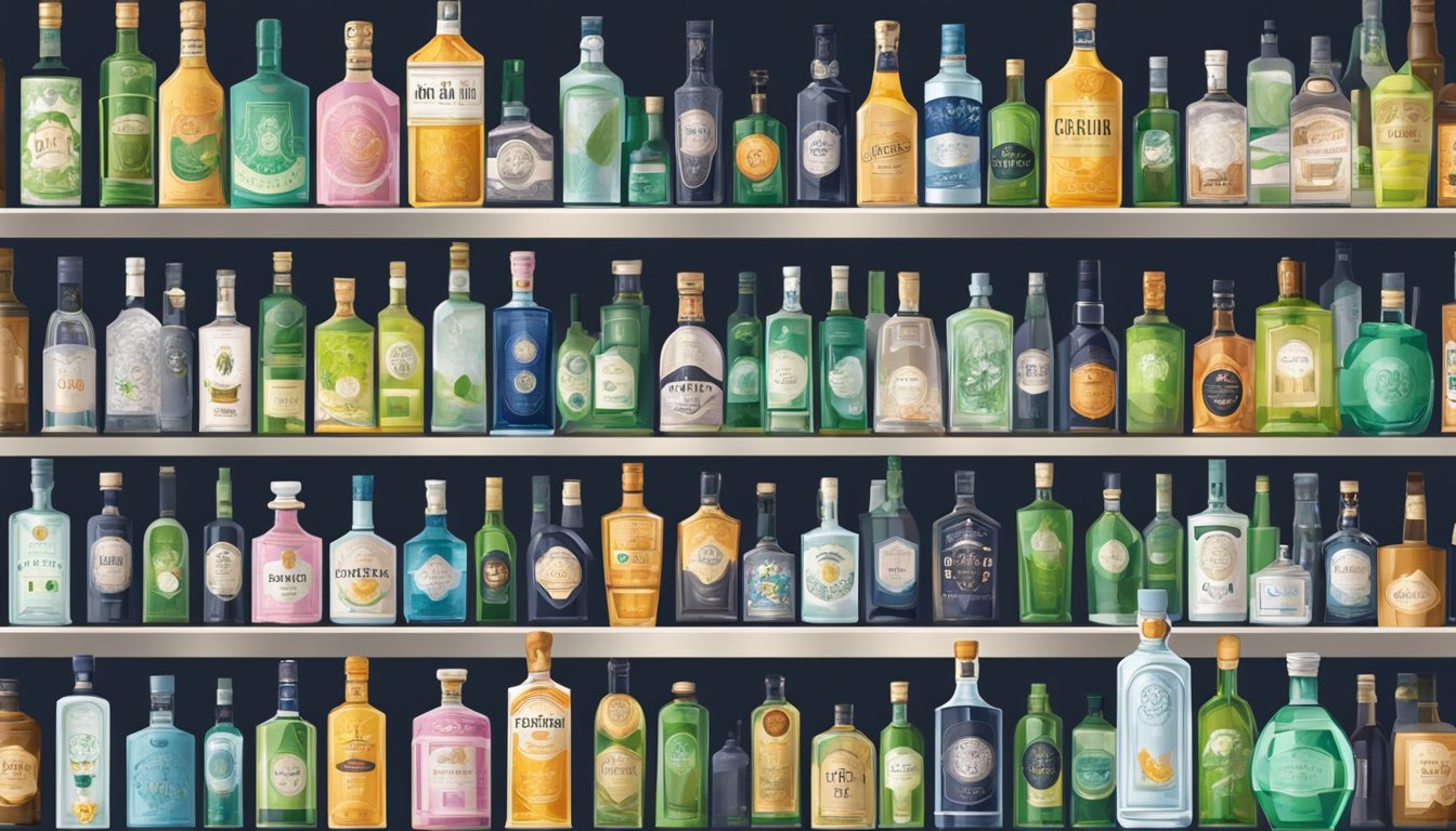 A bottle of gin displayed on a shelf in a modern liquor store in Singapore. Shelves filled with various brands of gin in the background