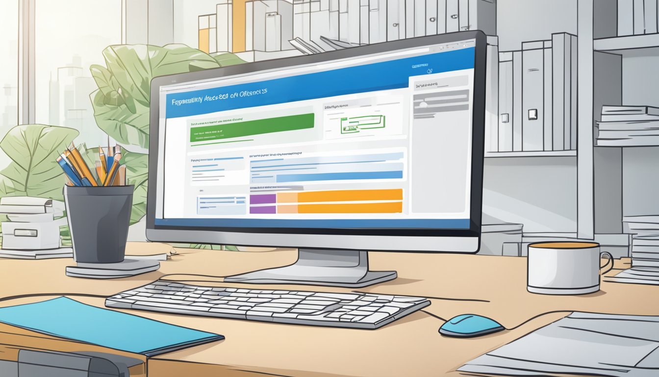 A computer screen displaying "Frequently Asked Questions buy office 365 singapore" with a keyboard and mouse nearby