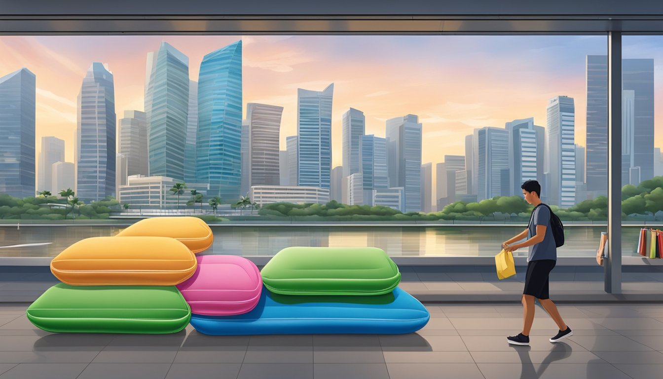 A person in Singapore purchases an inflatable mattress from a store, with the city's skyline in the background
