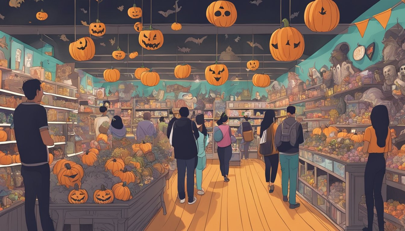 A crowded Halloween store in Singapore, shelves filled with spooky decorations and costumes, customers browsing and admiring the eerie displays