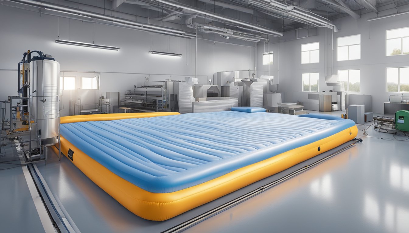 An advanced inflatable mattress being tested in a state-of-the-art facility, surrounded by cutting-edge technology and equipment