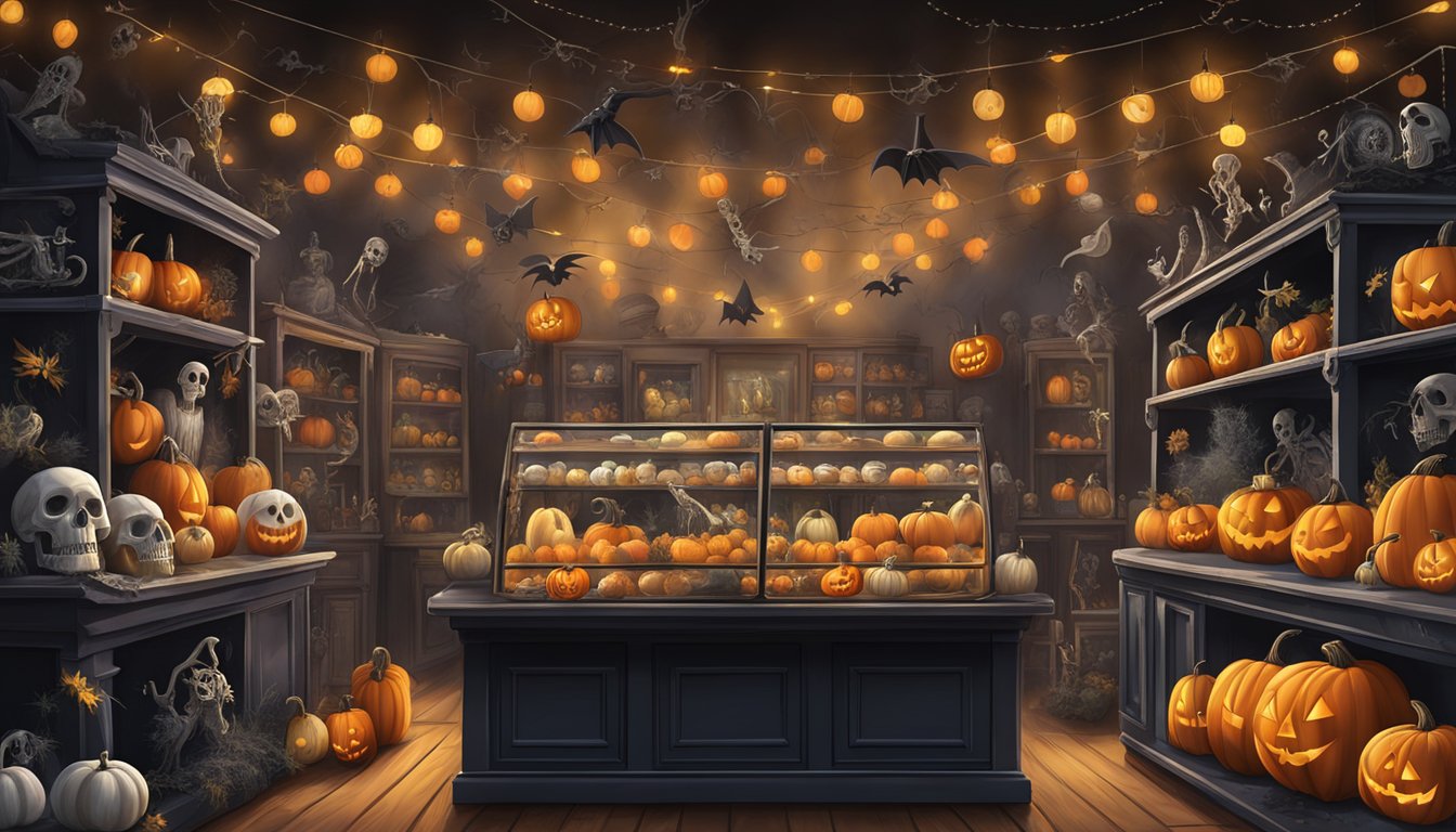 A spooky shop display featuring Halloween decorations, including pumpkins, bats, and skeletons, with eerie lighting and cobwebs