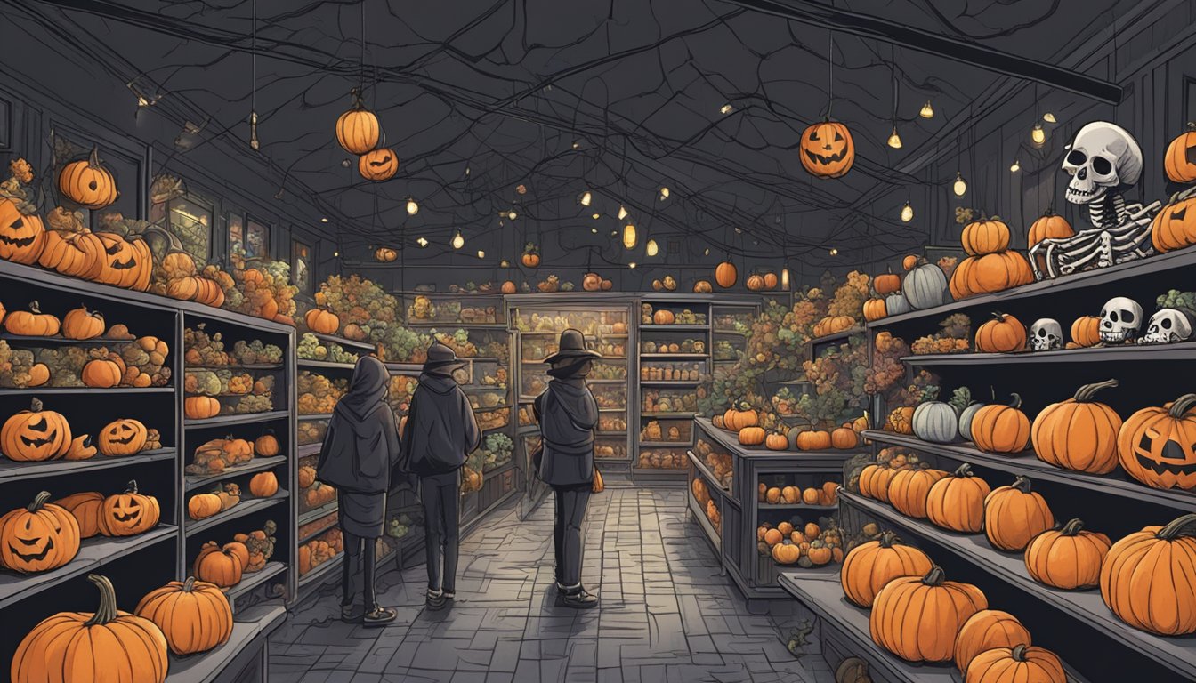 A spooky, dimly lit store filled with cobwebs, pumpkins, and skeletons. Eerie music plays as customers browse shelves of Halloween decorations