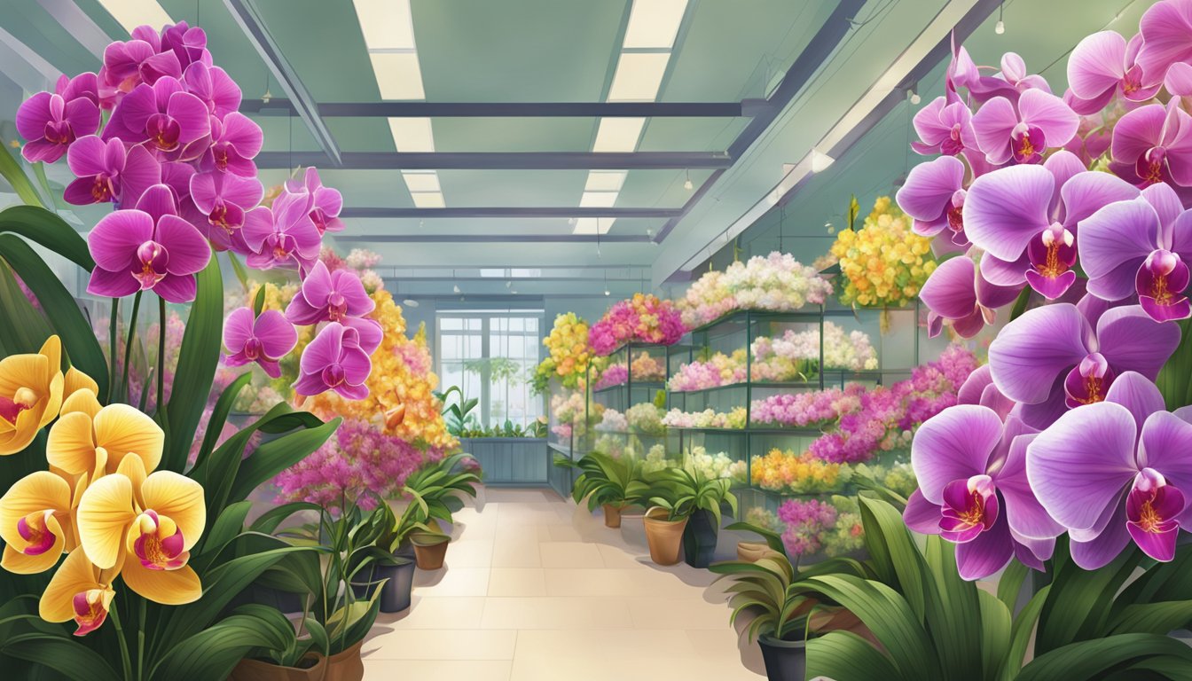 Vibrant orchids displayed at a Singapore flower shop