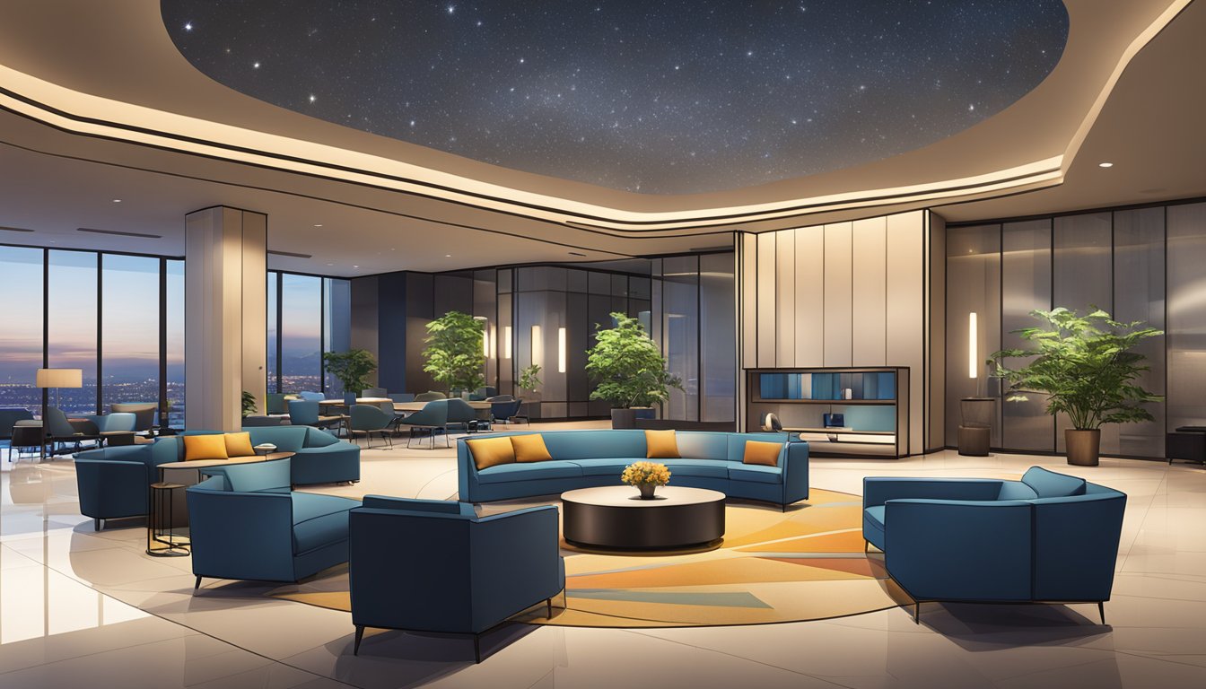 A sleek lobby with modern furniture, ambient lighting, and the Le Meridien logo prominently displayed