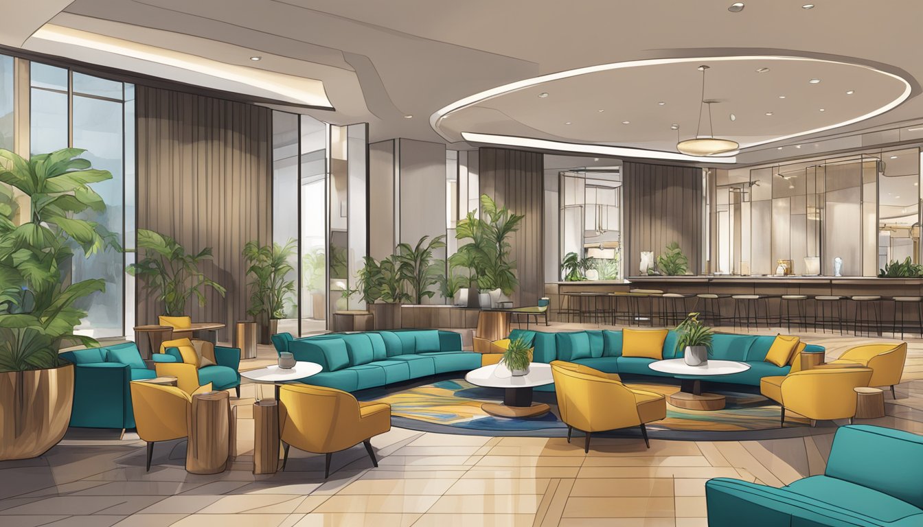 A vibrant hotel lobby with modern furnishings and a chic color palette, featuring the Le Meridien logo prominently displayed
