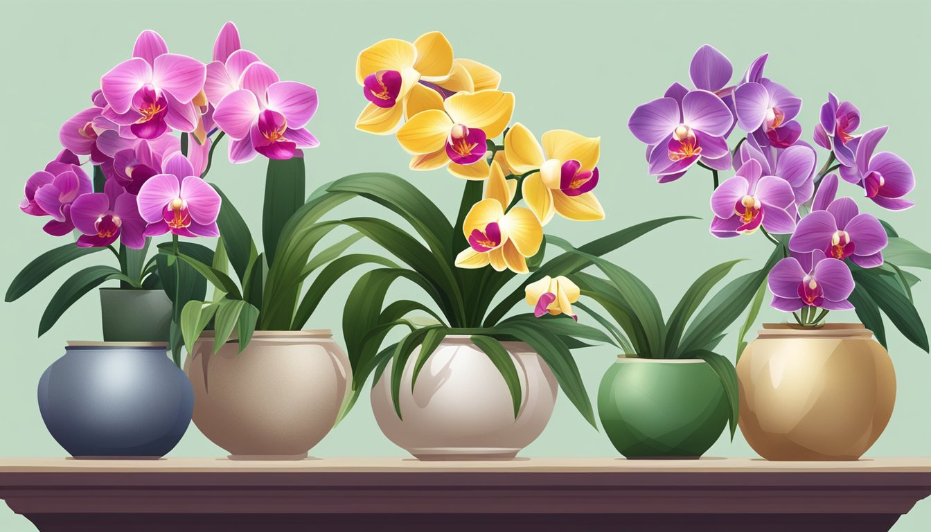 Vibrant orchids in various colors and sizes arranged in elegant pots and vases, surrounded by lush green foliage and delicate floral accessories