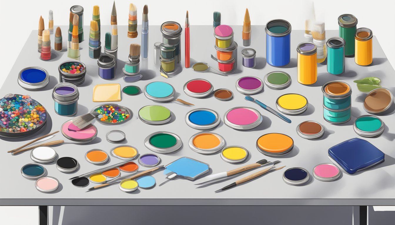 A table with various enamel pin designs, a display of colorful pin backs, and a selection of paint and brushes