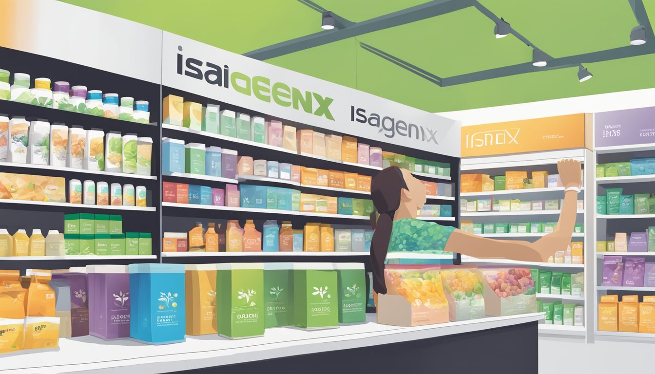 A hand reaching for a box of Isagenix products in a brightly lit Singaporean store