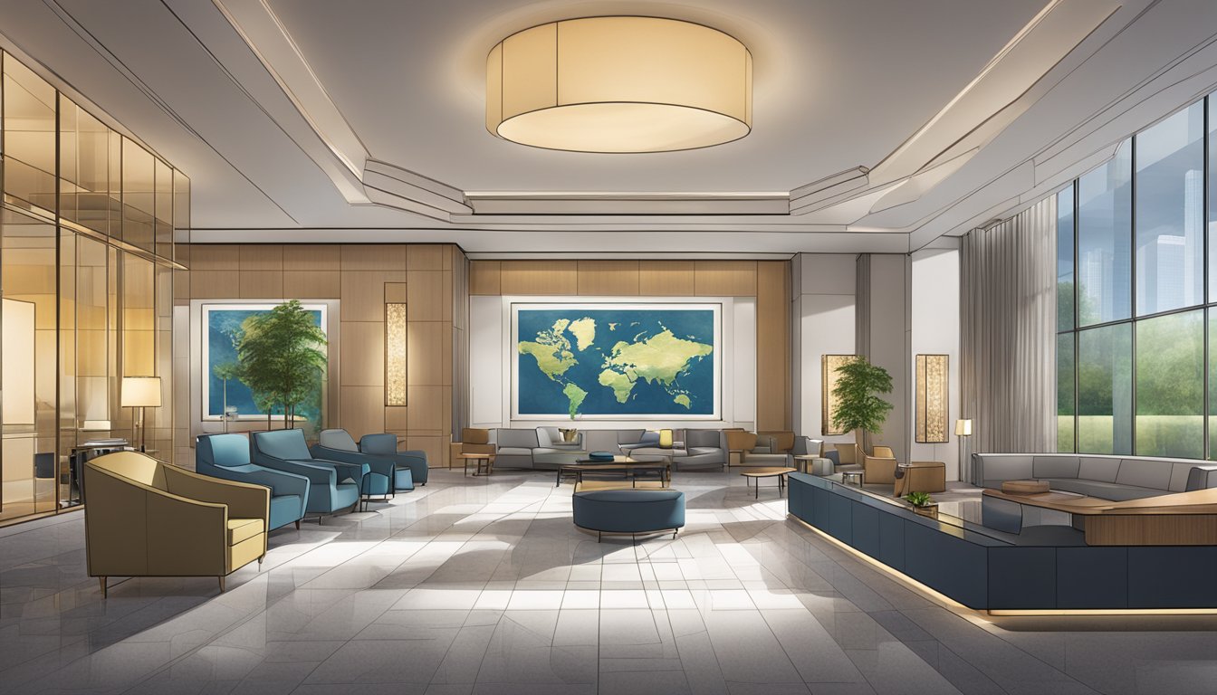 A modern lobby with sleek furniture, ambient lighting, and a welcoming reception area. A world map displayed prominently, showcasing Le Meridien's global presence