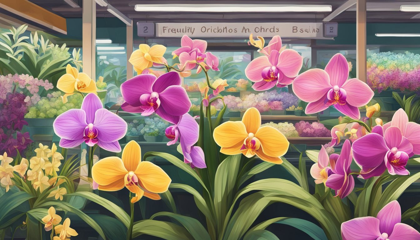 A colorful array of orchids displayed in a Singaporean market, with a sign reading "Frequently Asked Questions buy orchids singapore"