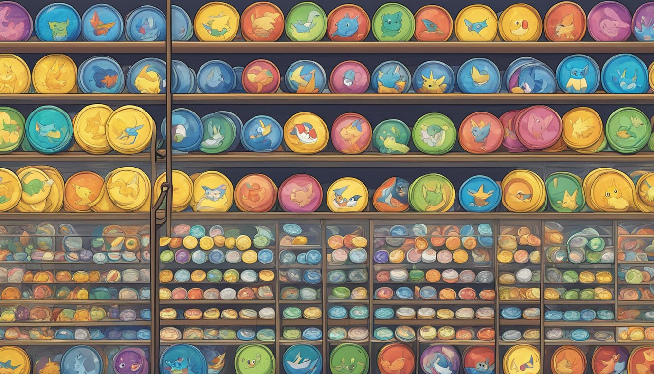 A store shelf filled with colorful Pokemon Tretta game discs, with a sign reading "Frequently Asked Questions: Where to buy Pokemon Tretta in Singapore."