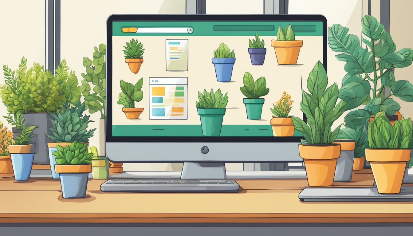A computer screen displaying a website with various plant pots for sale. A cursor hovers over the "Add to Cart" button
