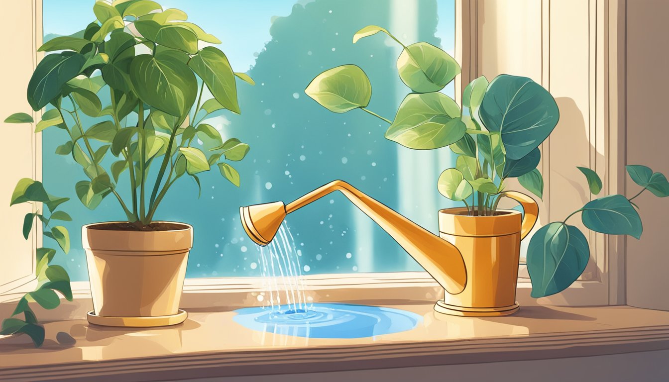 A hand pours water into a potted plant, sunlight streams through a nearby window, and a small watering can sits nearby