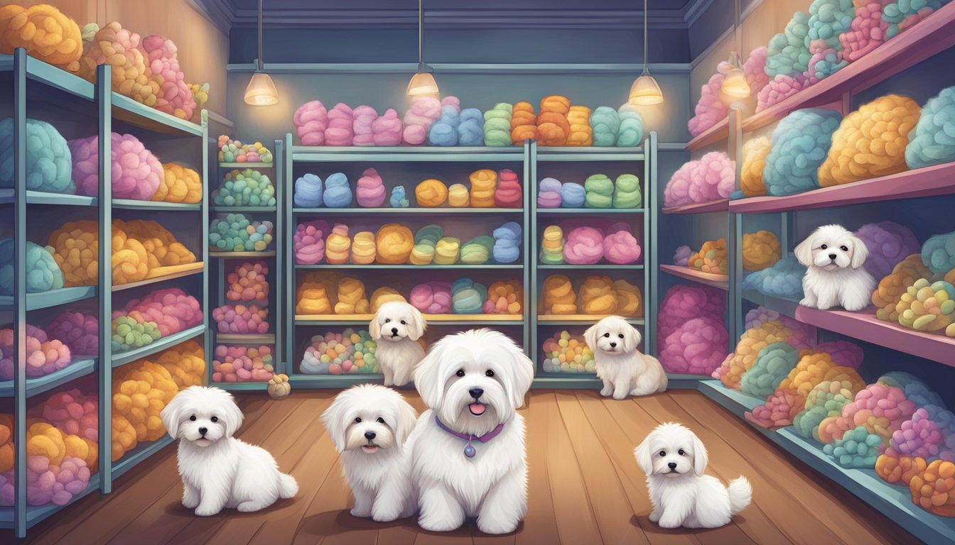 A cozy pet shop in Singapore showcases adorable Coton de Tulear puppies, with colorful toys and treats displayed on the shelves